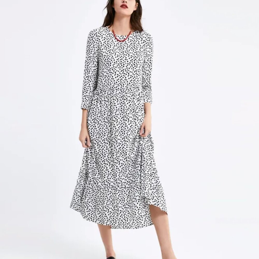ZARA Women’s White & Black Long Sleeve Polka Dot Midi Dress - Size - Medium